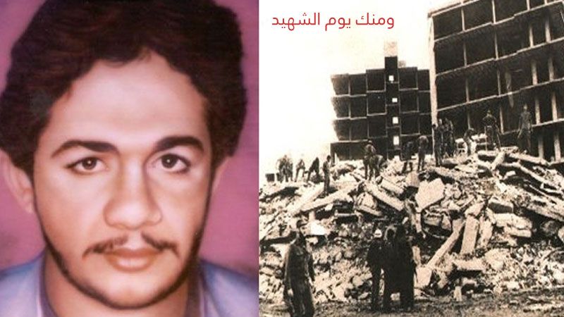 Martyr Ahmad Kassir and teh destroyed headquarters of the Israeli military command in Tyre